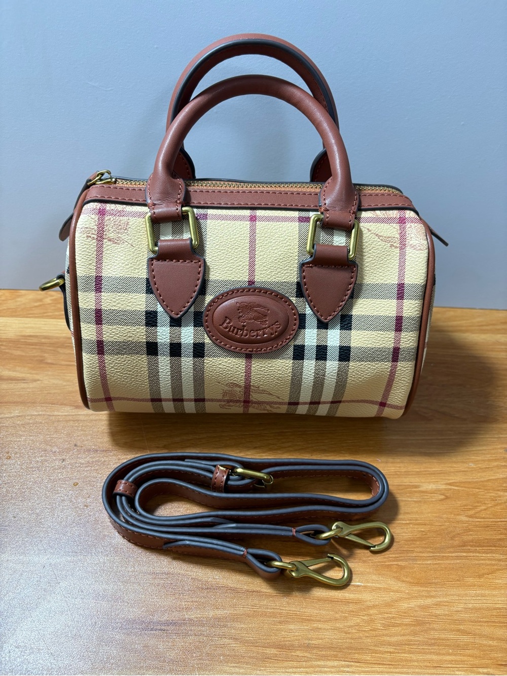 Burberry Beige Plaid Mini Barrel Bag with Brown Trim